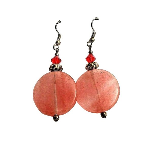 Cherry Quartz (Manmade) Disc and Red Crystal Dangle Earrings Gold Tone Hand Made - Picture 1 of 2